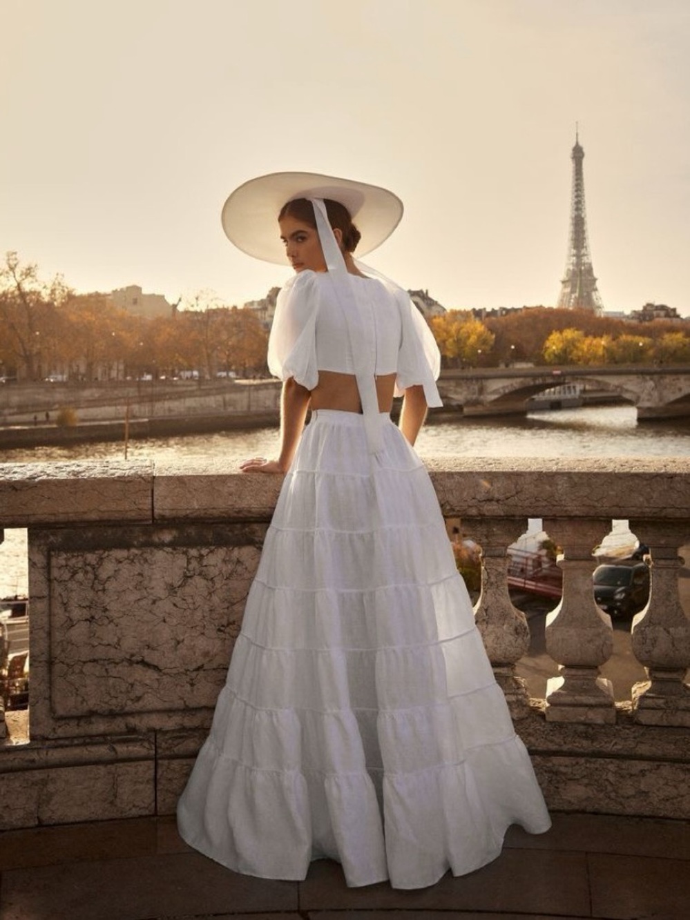 DISSH Aisle White Puff Sleeve Crop and  Tiered Maxi Skirt Set